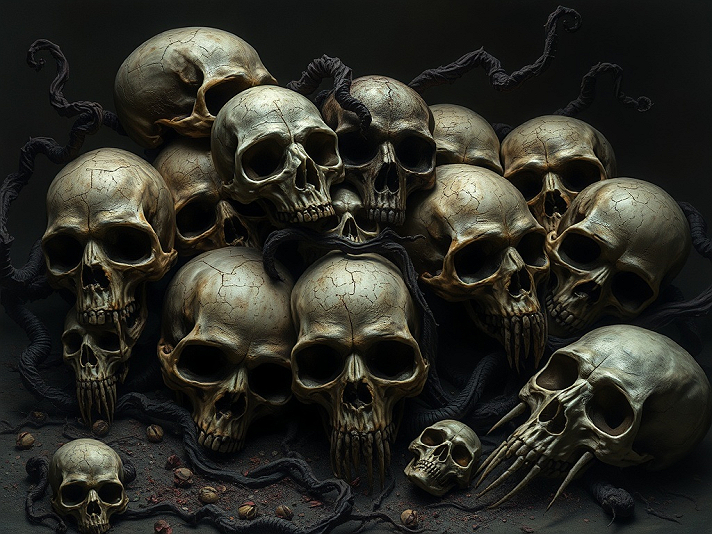 A mound of bone, a parliament of death,  where hollow eyes convene in silent court.  The skulls...
