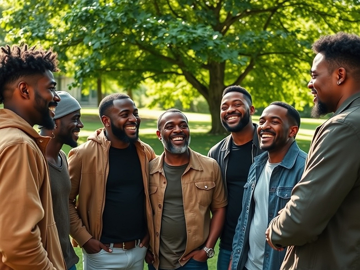This image depicts a group of Black men engaged in a warm and joyful interaction, showcasing...